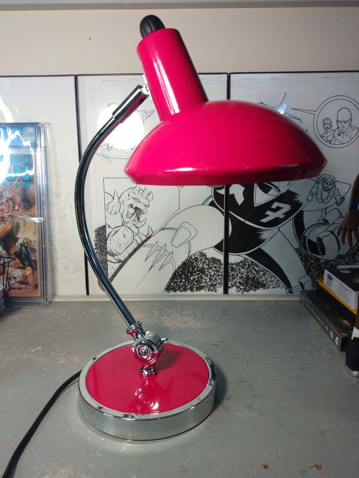 2006 Kaiser Idell Red and Chrome Curved REPLICA President Desk Lamp Bauhaus