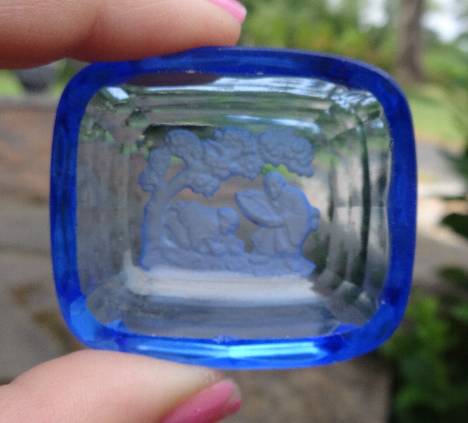 Tiny Blue Intaglio Glass Open Salt Dip, Cellar, Dish w/Figures