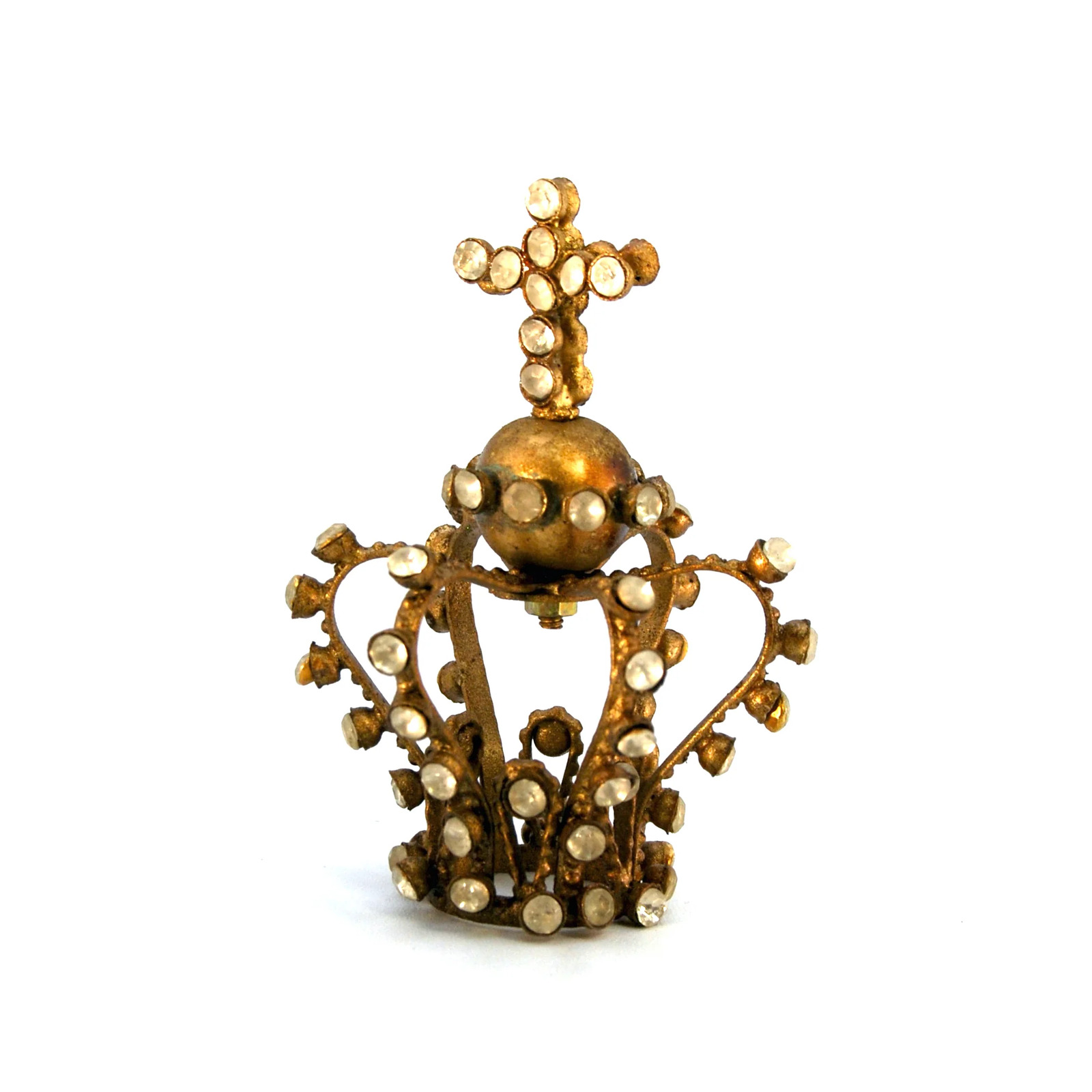 1in Tiny Jeweled Santos Kings Crown, Ornate Antiqued Gold Rhinestone Orb and Cro