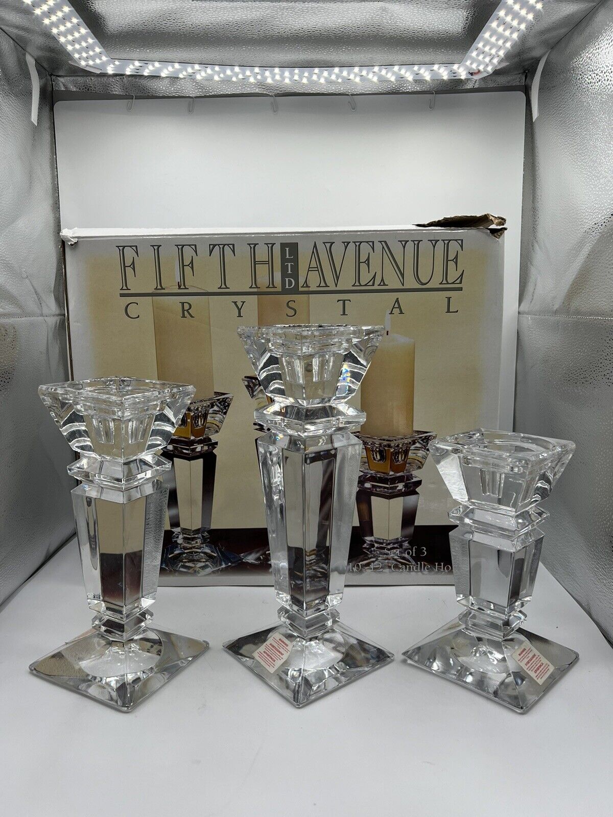 Fifth Avenue Ltd Crystal “Lugano” Set Of 3 Candle Holders 24% Lead Crystal Clear
