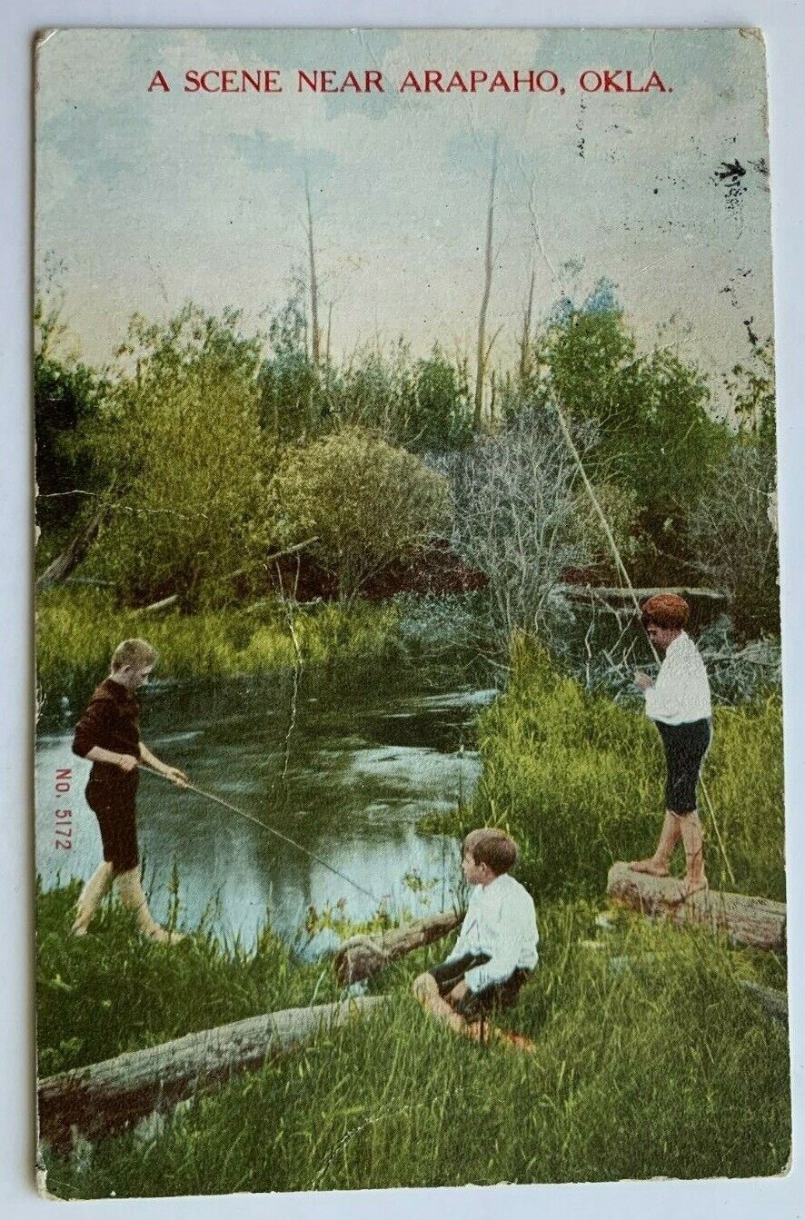 1910 OK Postcard A Scene Near Arapaho Oklahoma Boys Fishing creek river stream