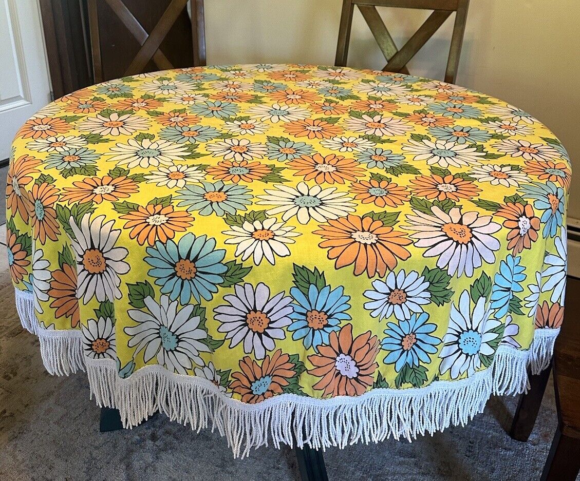 Vtg Mod Round Tablecloth Groovy Bright Flower Power White Fringe Retro 65 Inch