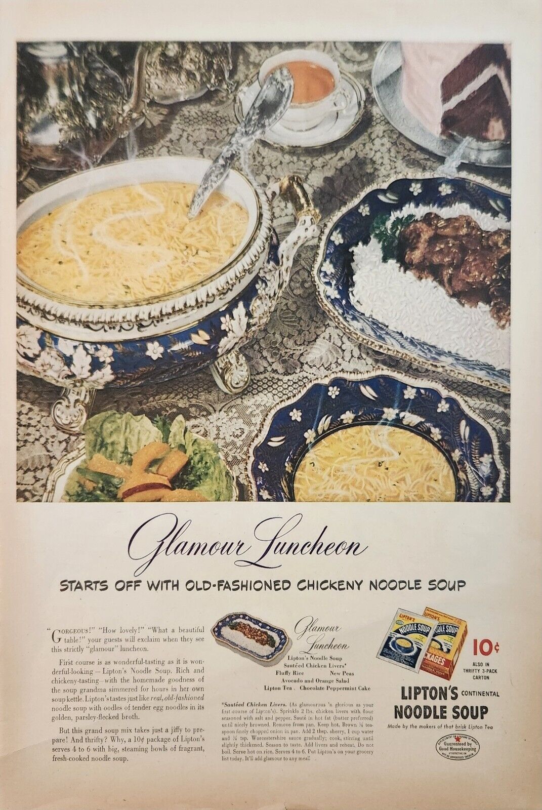 1945 Liptons noodle soup Vintage ad glamour luncheon