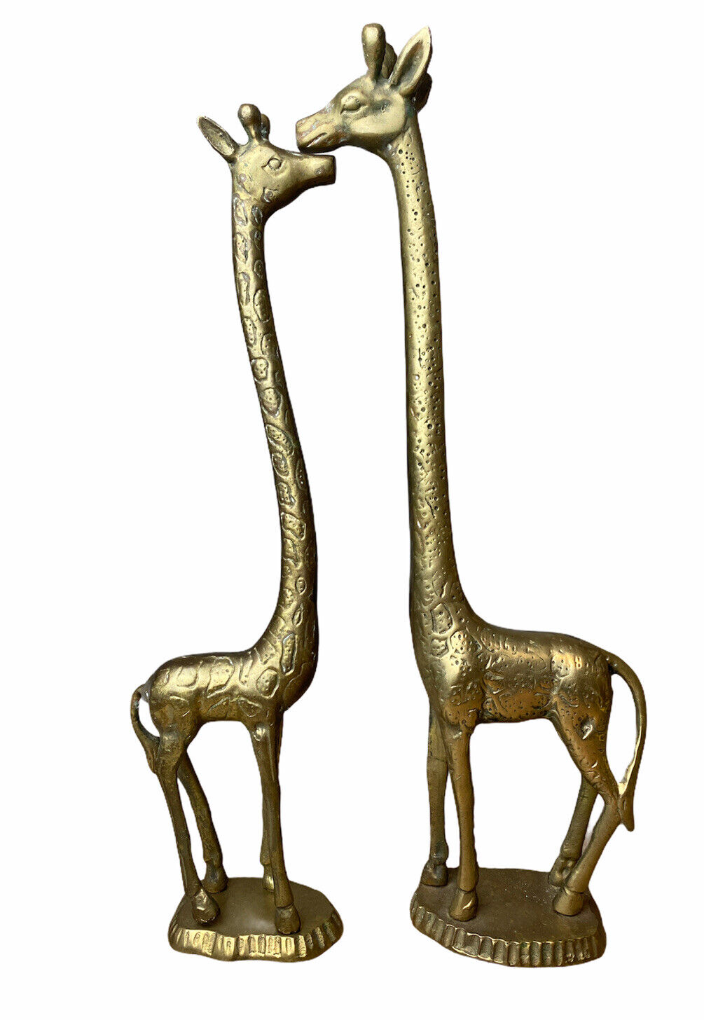 Vintage Solid Brass Mid Century Giraffe Mama 18” Baby 16” Pair African Décor
