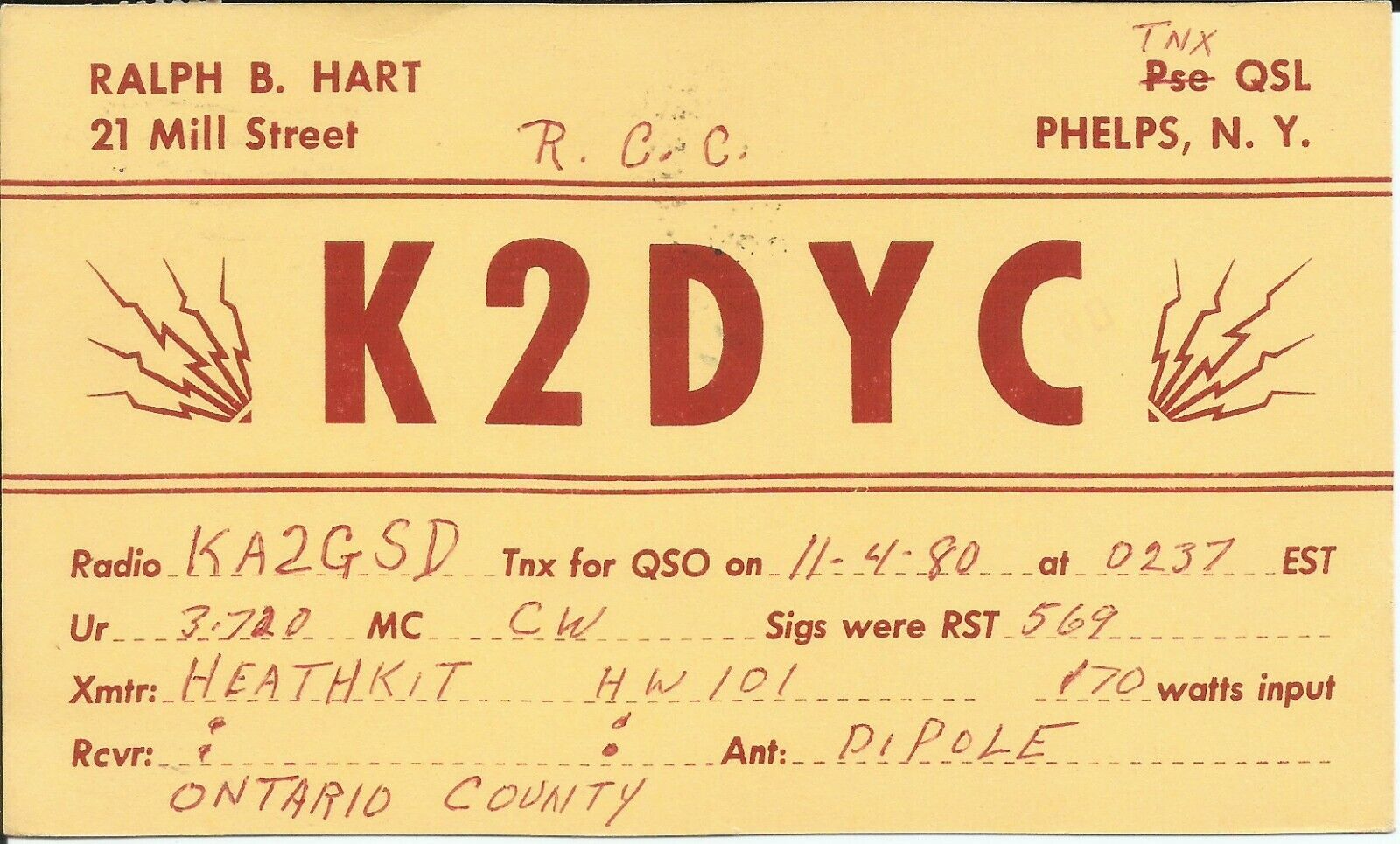 Vintage K2DYC Phelps New York USA 1980 Amateur Radio QSL Card