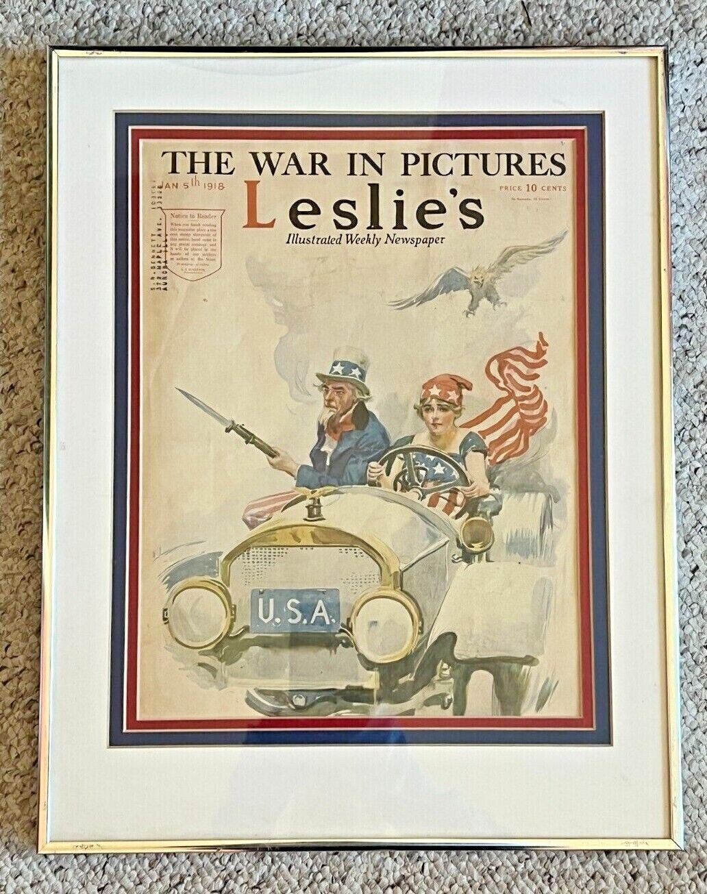 Framed Leslie’s Weekly Magazine Titled USA January 5, 1918 By James M Flagg