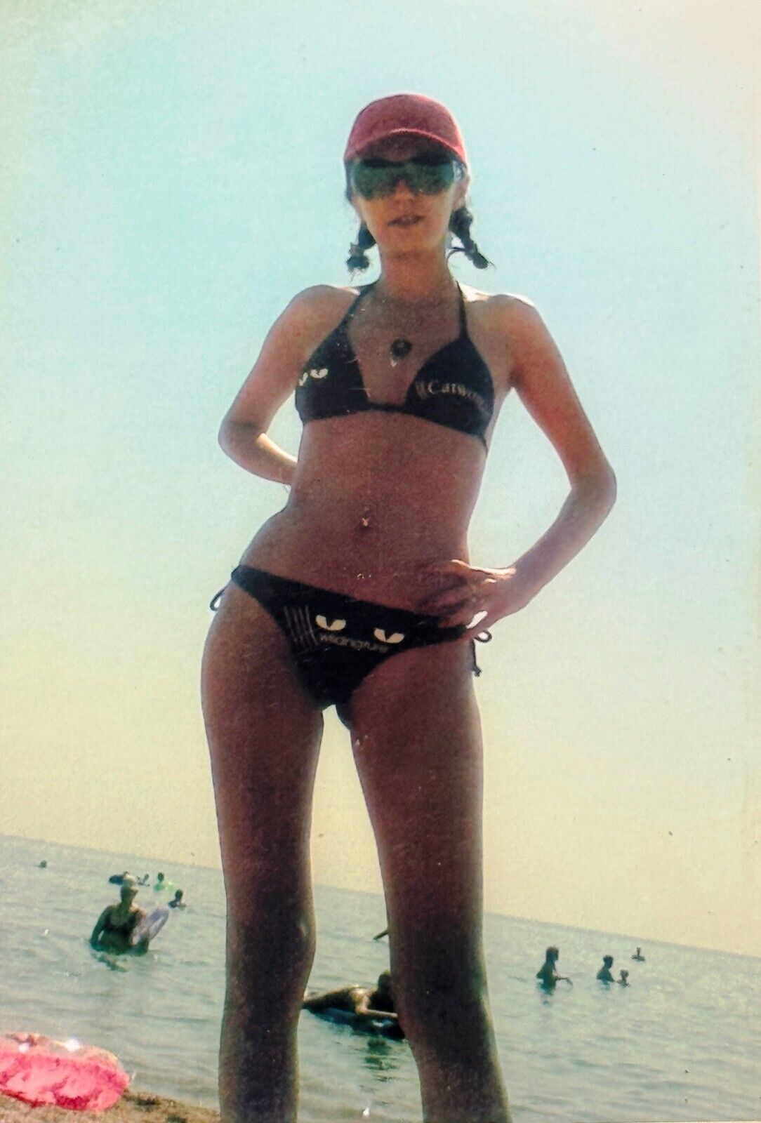 2000s Vintage Photo Beach Slender Young Woman Bikini Posing on Sea