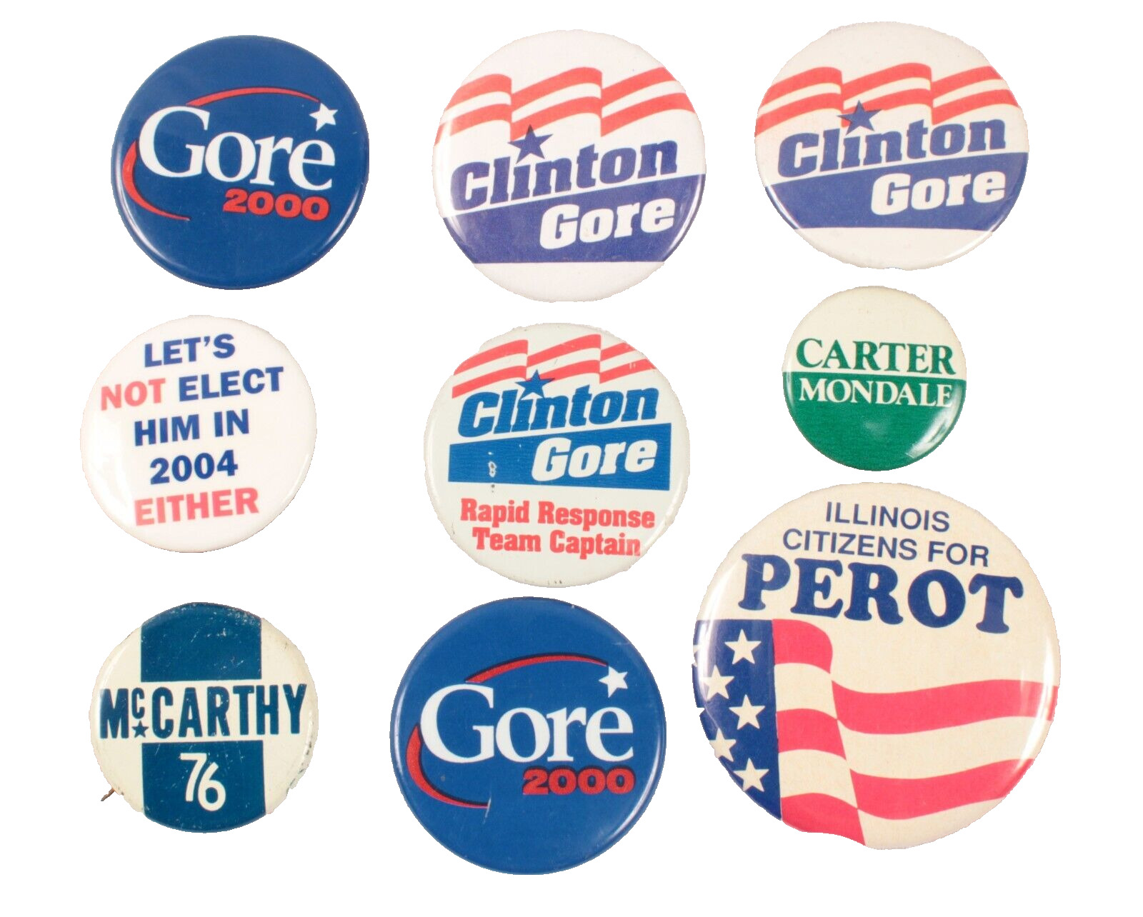 9 Vintage Political Buttons McCarthy Carter Clinton Gore Perot Some Multiples