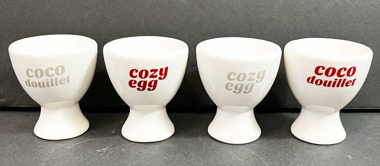 Lot 4 Vintage Ceramic Egg Cups White Cozy Egg Coco Douillet Easter Burgundy Gray