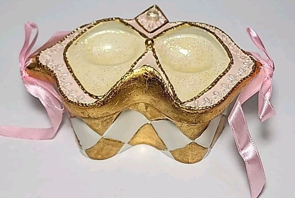 Vintage Dezine Ceramic Mask Trinket Box Hand Painted Cream Gold Pink Imperfect