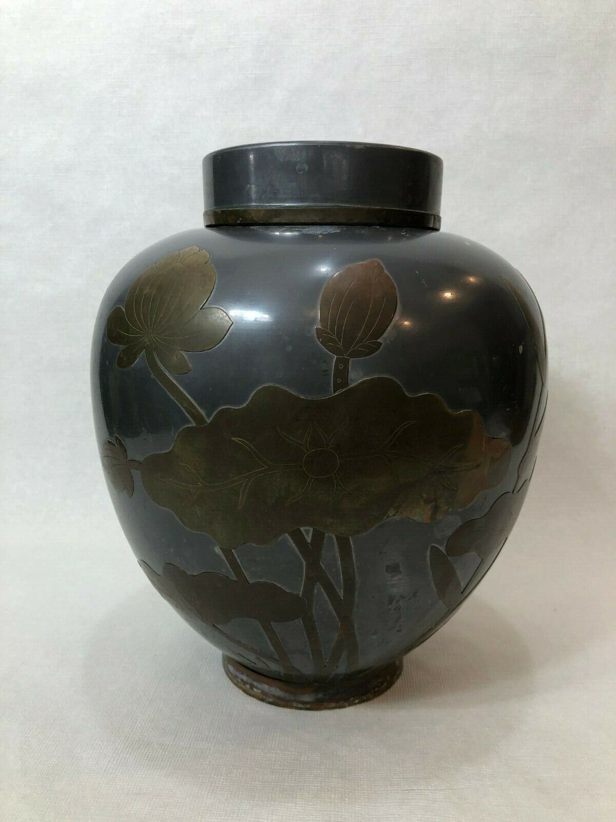 Vintage Large Chinese Pure Pewter Floral Brass Overlay Ginger Jar w/Cover, 11