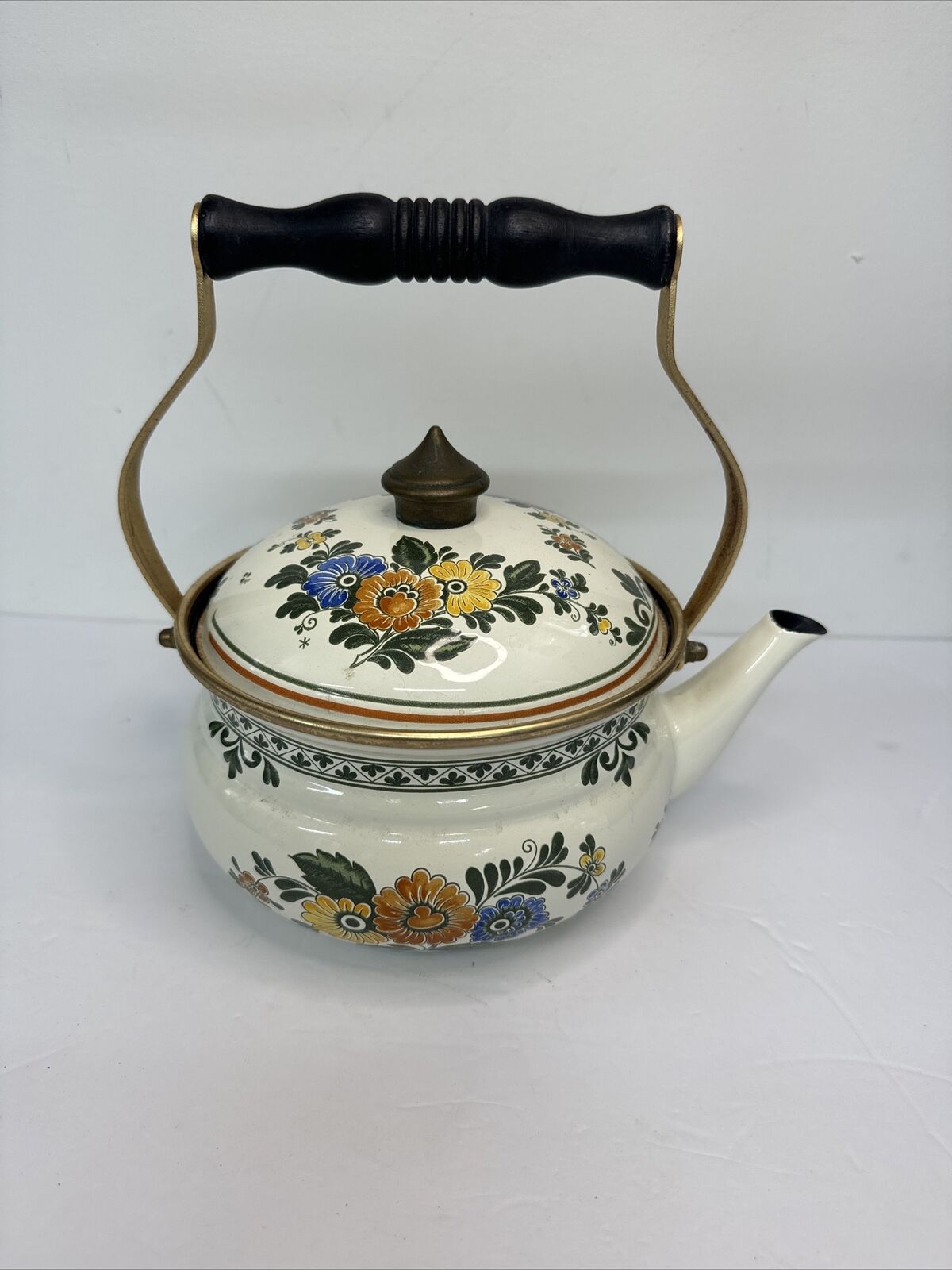 ASTA Enamelware Tea Kettle 1960s Teapot Brass Handles Floral Vtg West Germany 