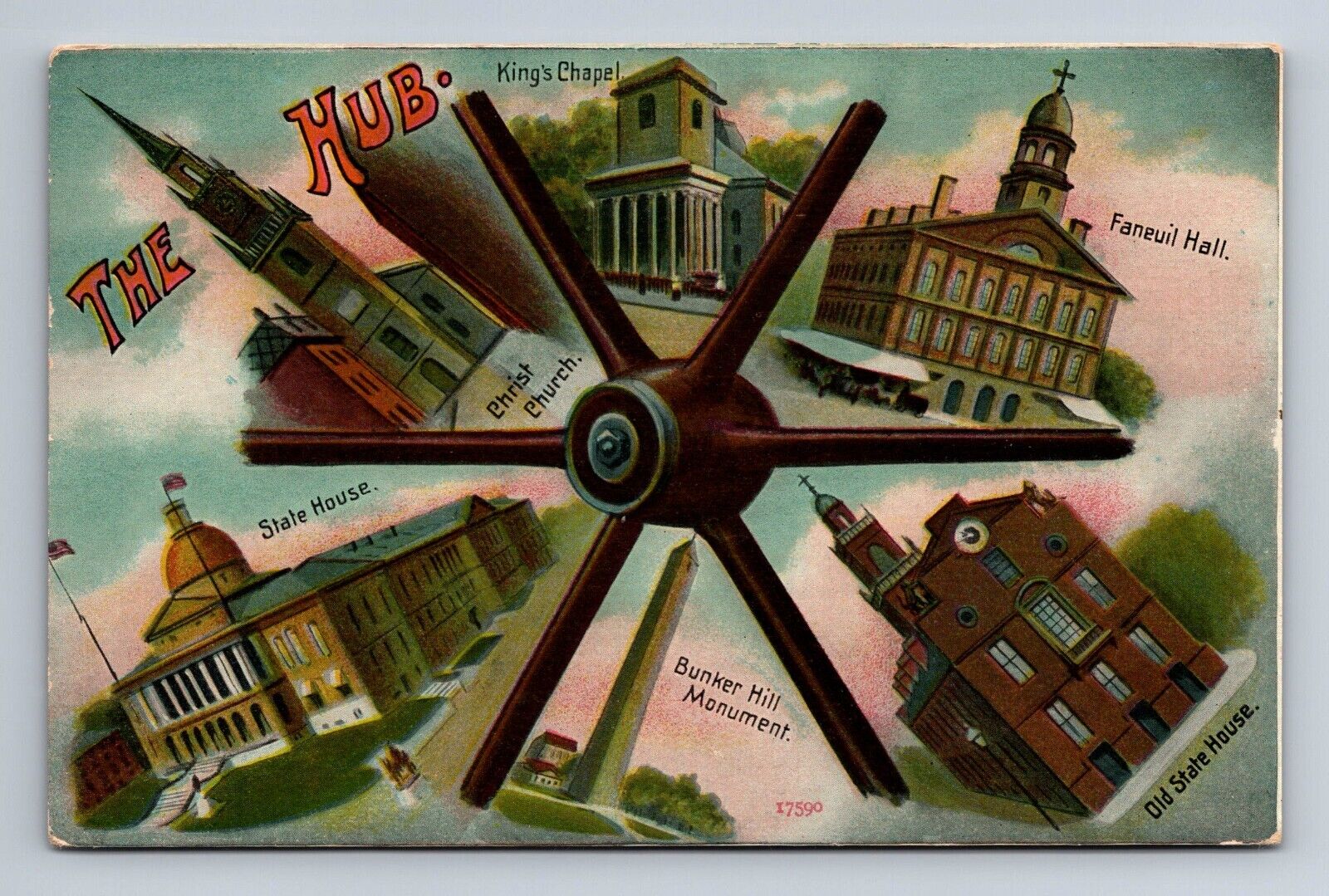 The Hub Boston Massachusetts King\'s Chapel Faneuil Hall Bunker Hill Postcard