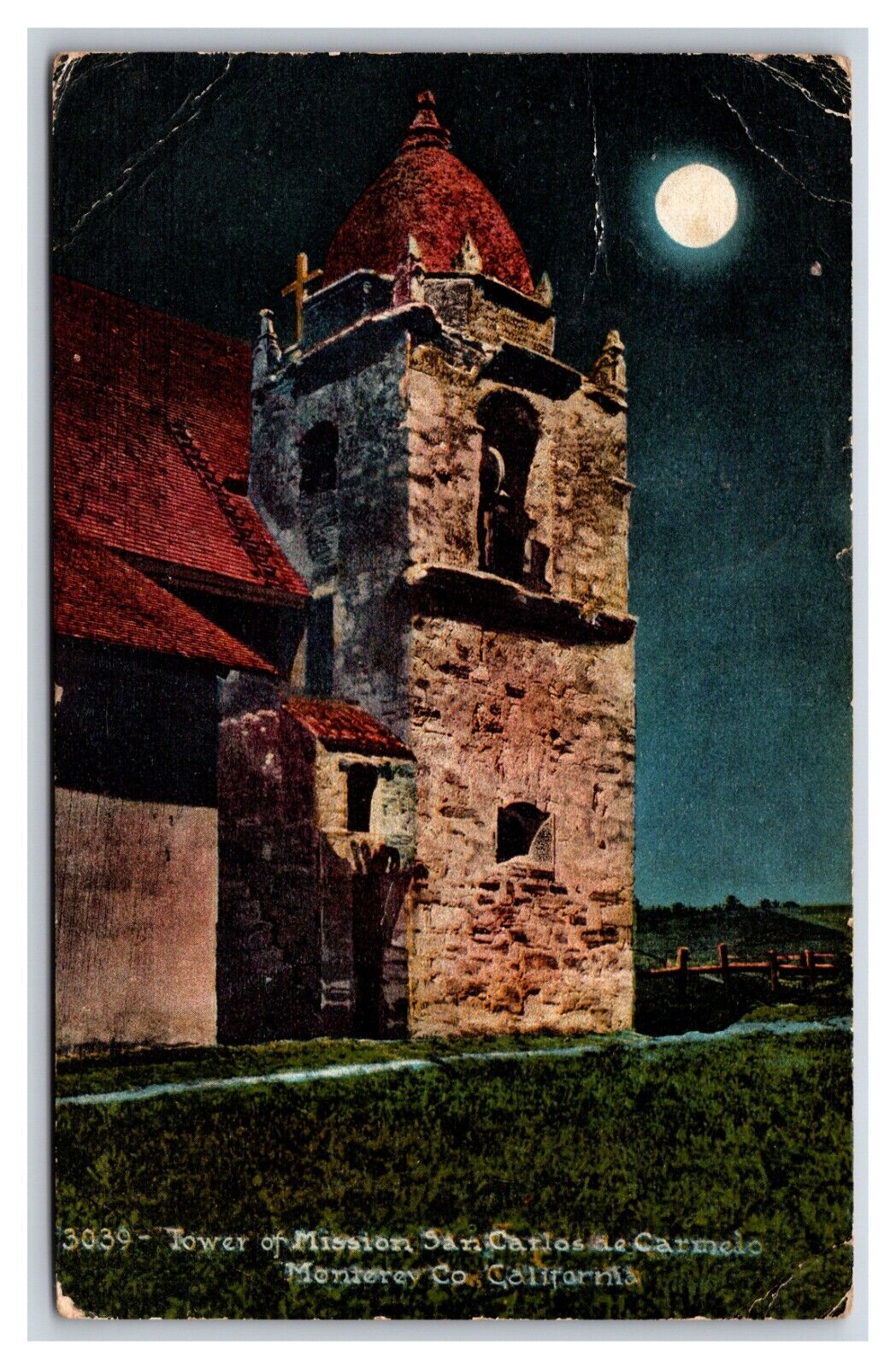 El Carmel Mission Tower Night View Monterey CA California DB Postcard U17