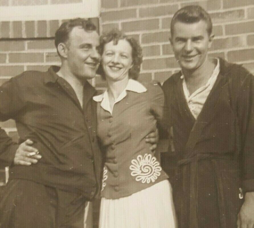 WWII Era Photo Military Man Wearing PJs & Robe w/ Woman & Sailor Outdoors B&W