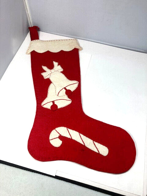Vintage  Stocking FELT Christmas Bells Candy Cane Handcrafted 15\