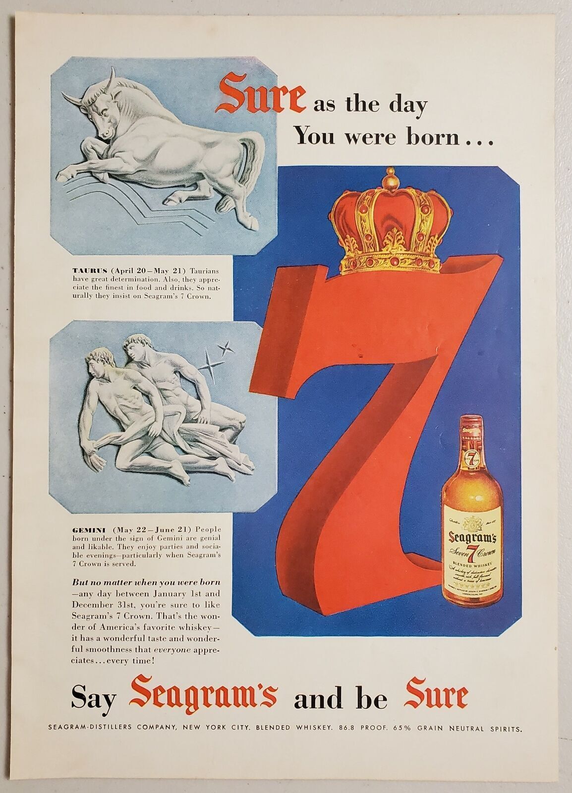 1955 Print Ad Seagram\'s Seven 7 Crown Blended Whiskey Taurus & Gemini