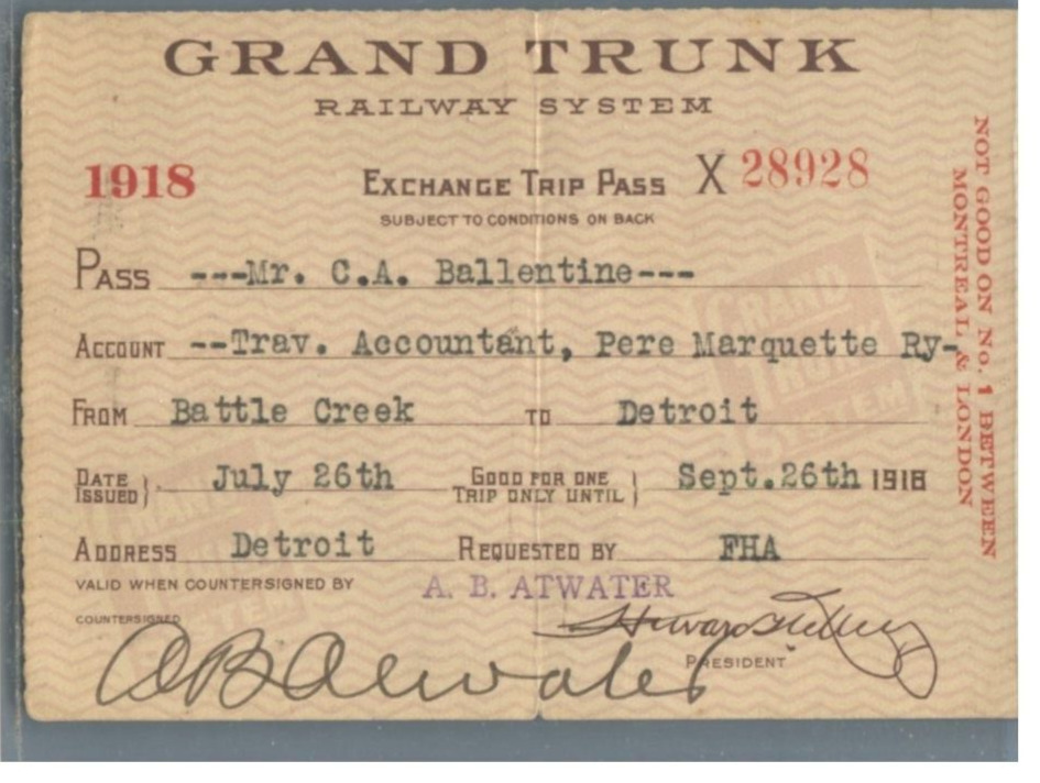 1918  Grand Trunk Railway System  Trip Pass  Battle Creek to Detroit