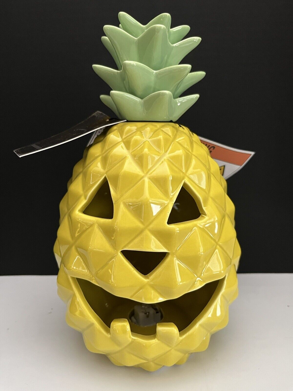 Halloween Pineapple Pumpkin  Light Up Ceramic Jack O Lantern Decor NEW