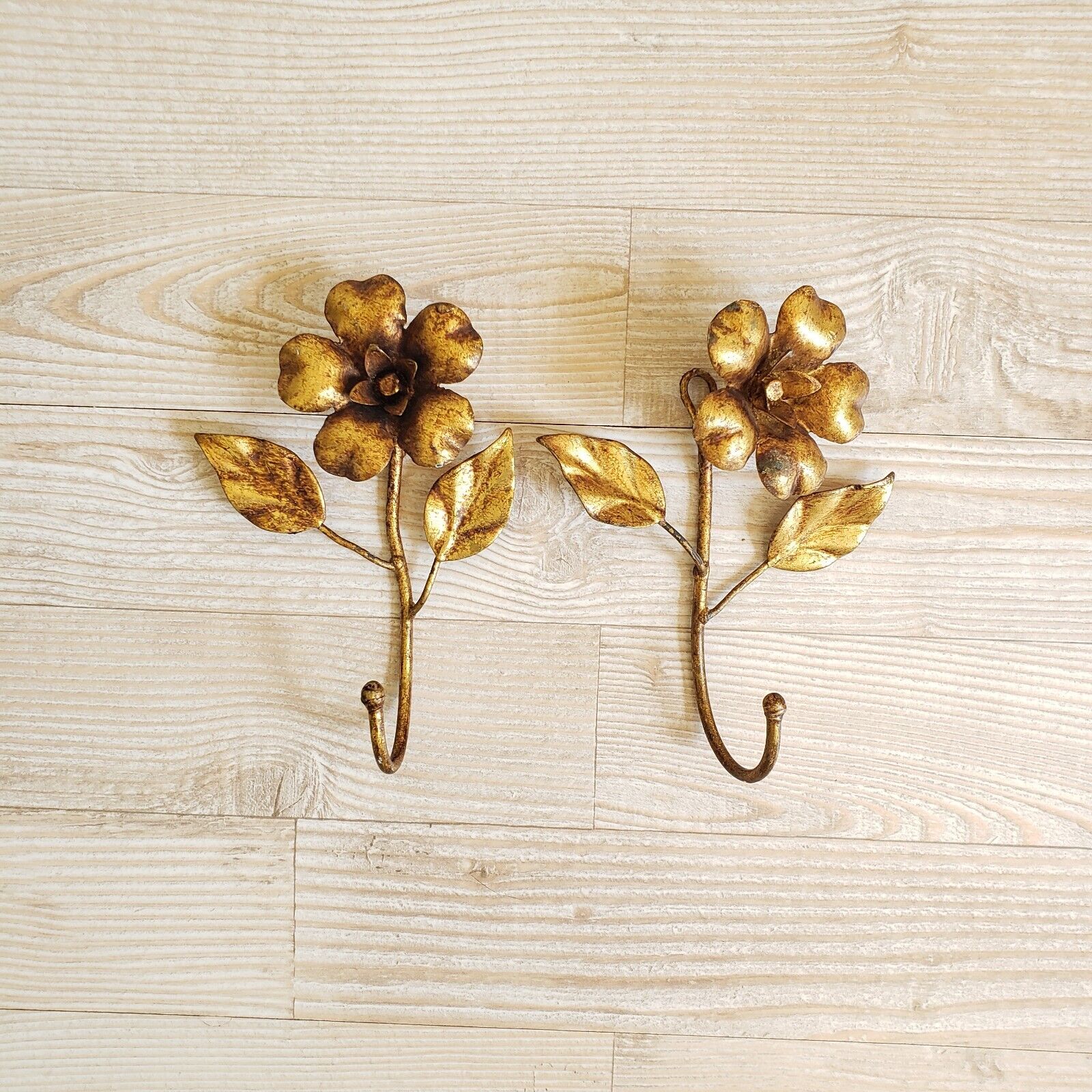 Vintage Italian Gilt Gold Metal Flower Hook Set Of 2