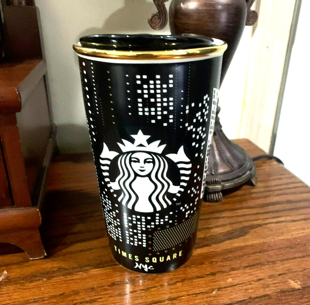 Starbucks Times Square Black Gold New York City Ceramic Coffee Tumbler Mug 12oz