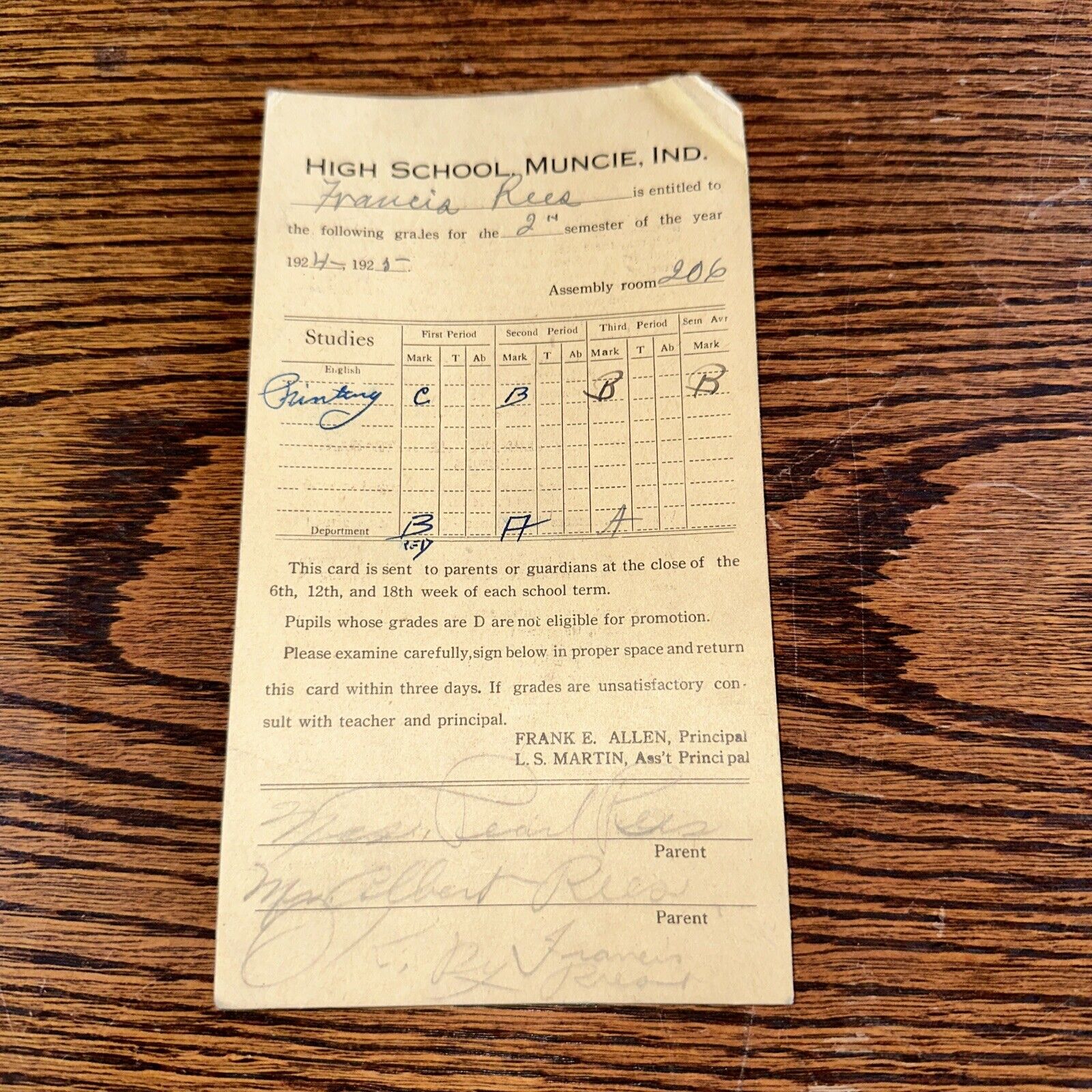 Muncie (Indiana) High School  Attendance Card For Francis Rees 1924 - 1925