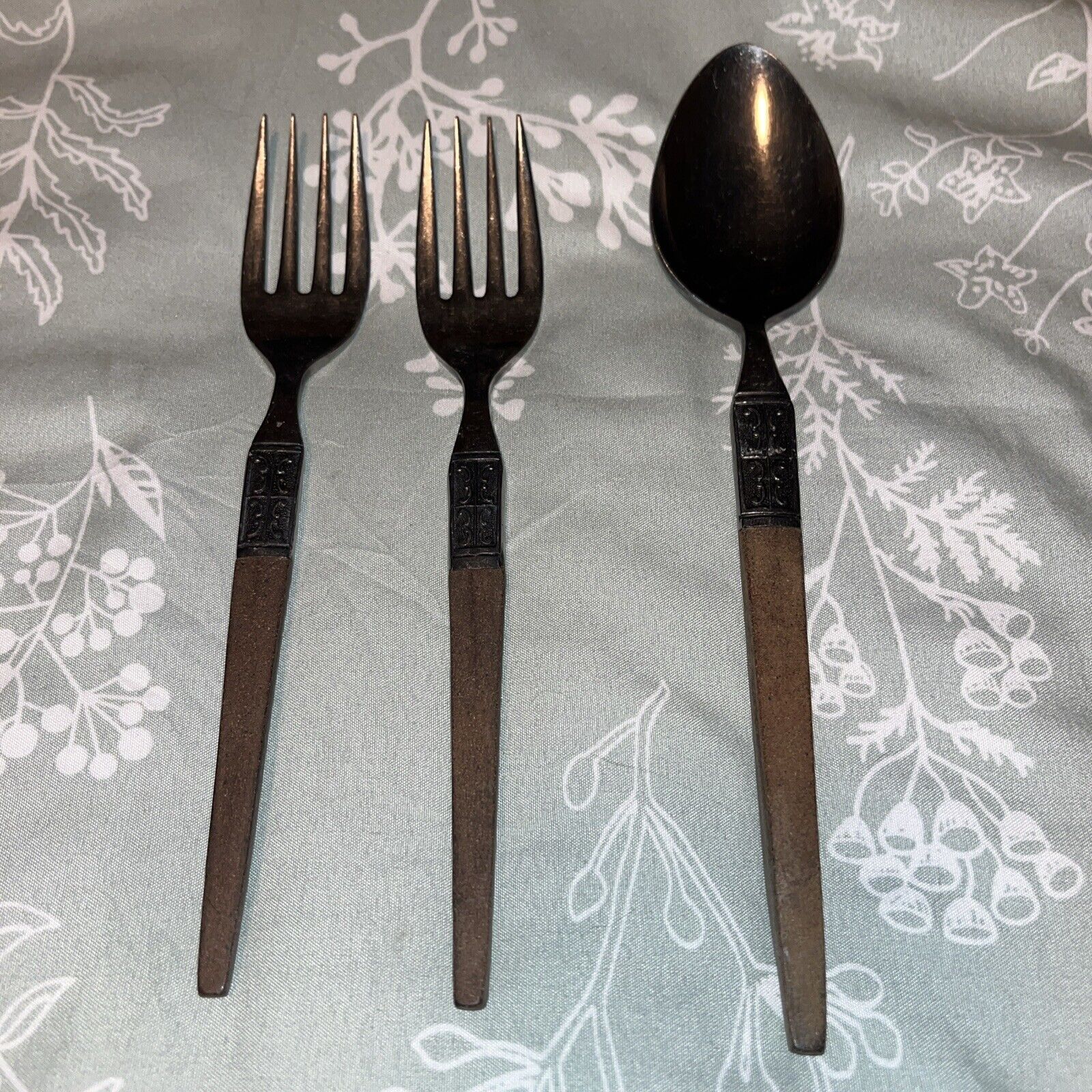 ECKO Eterna Forged Stainless Steel Flatware 2 Forks 1 Spoon Vintage MCM Floral