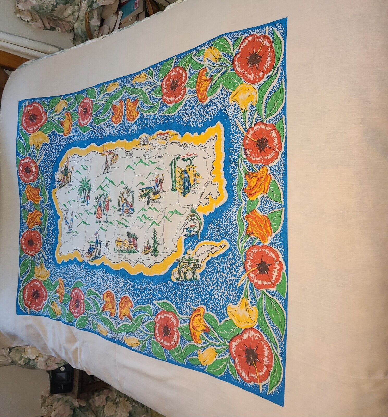 Vintage Hidaco Souvenir Tablecloth Puerto Rico Map Flowers Excellent  83x60