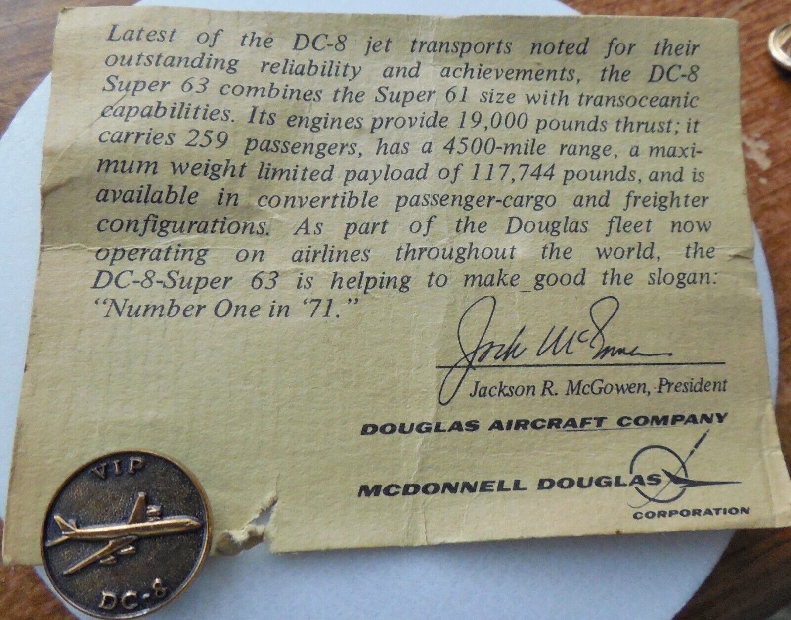 Vintage Early-1970\'s McDonnell Douglas DC-8 VIP Pin on Presentation Card