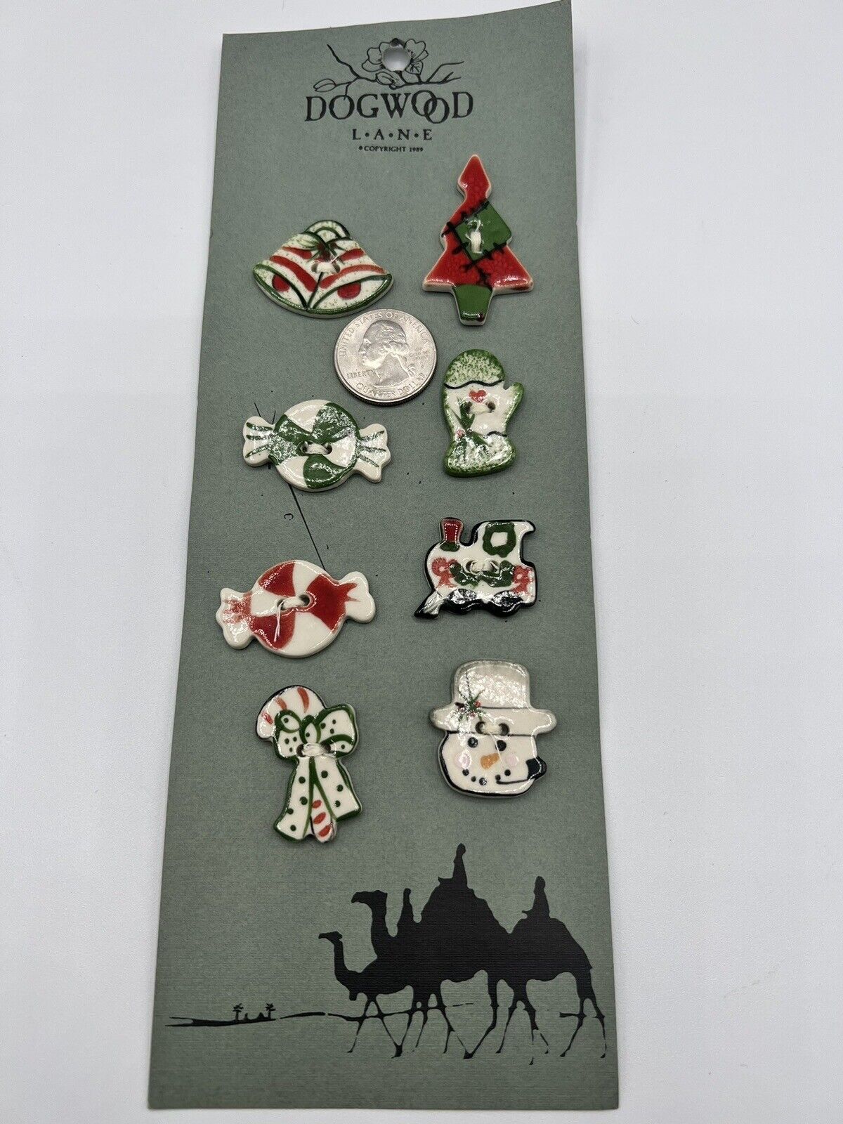 VTG Ceramic Buttons Folk Hand Painted Snowman Bells Christmas Tree Dogwood Lane