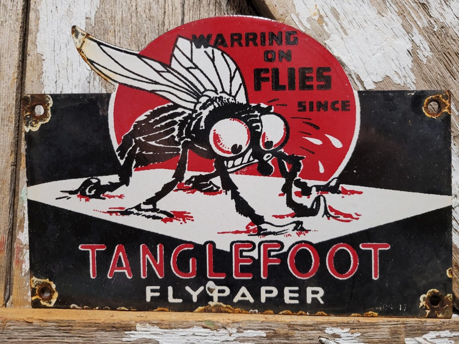 VINTAGE TANGLEFOOT PORCELAIN SIGN 1947 FLY PAPER BUG MOSQUITO REPPELENT SERVICE