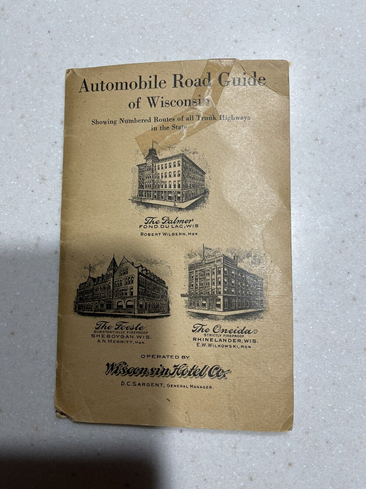 Wisconsin Automobile Road Guide Map 1900’s Wisconsin Hotel Co.