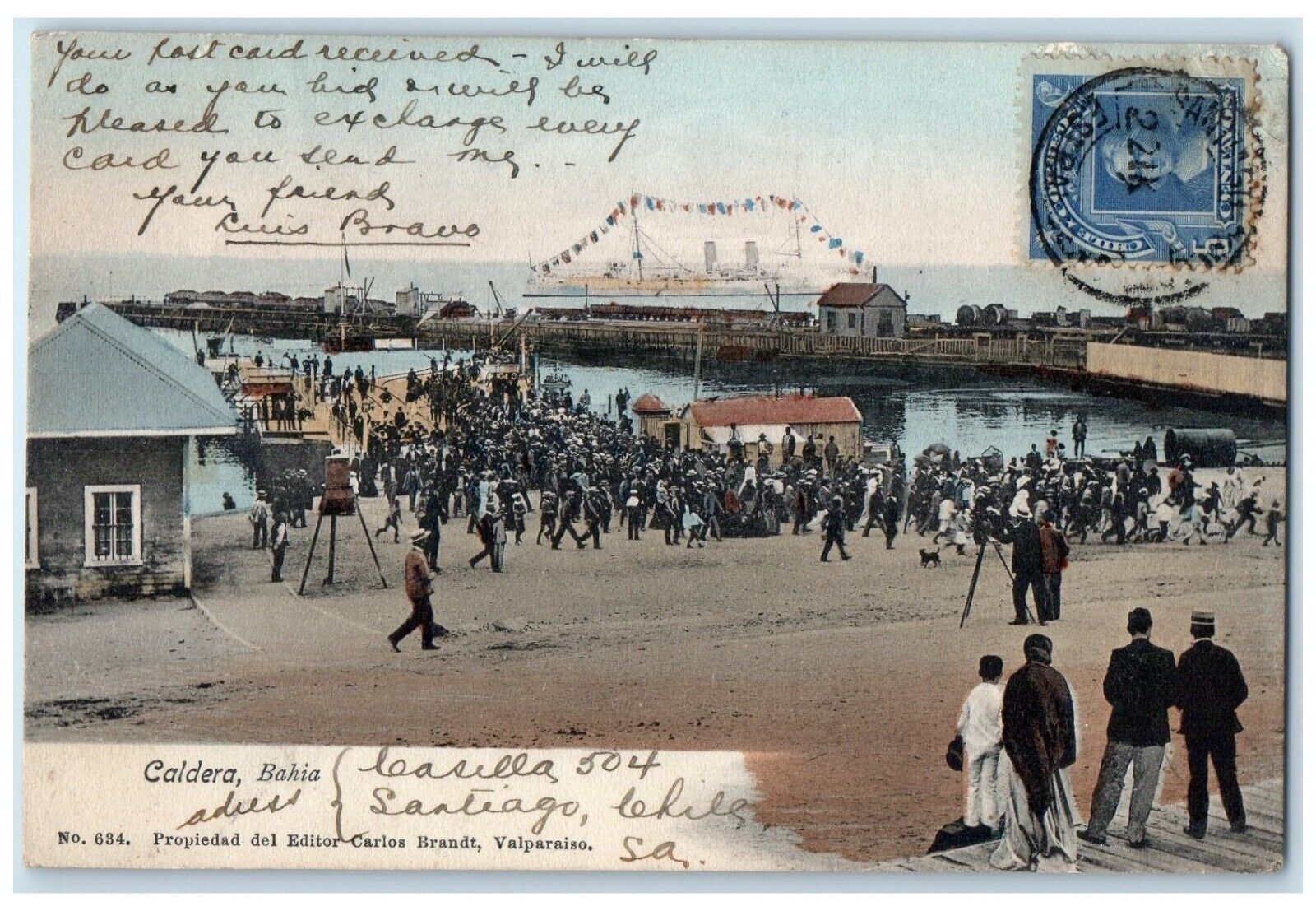 c1905 View Of Caldera Bahia Chile, Port Crowded Steamer Scene Vintage Postcard