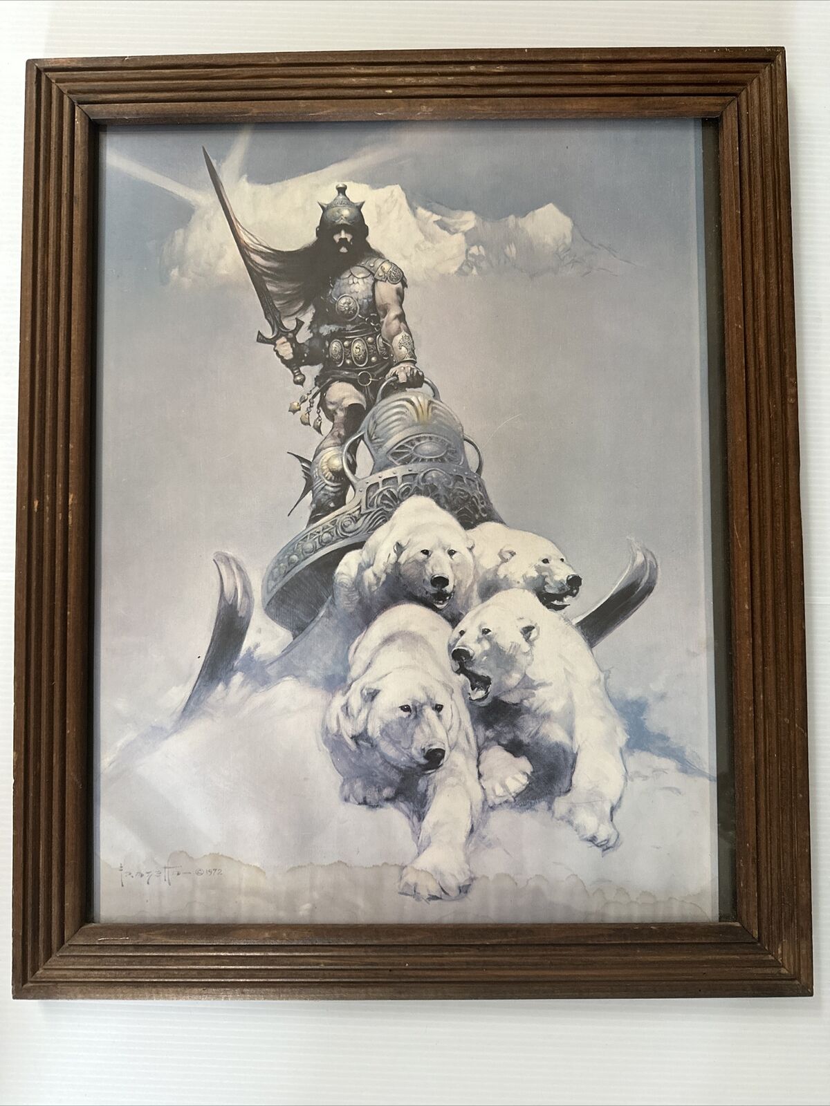 Vintage 1972 Frank Frazetta Silver Warrior Polar Bears Poster Print Framed 22x15