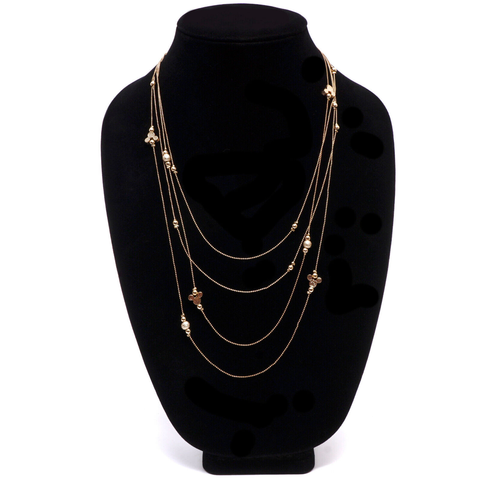 Mickey Mouse Necklace Double Strand 46 Inch Gold Tone w Silhouette, Beads 