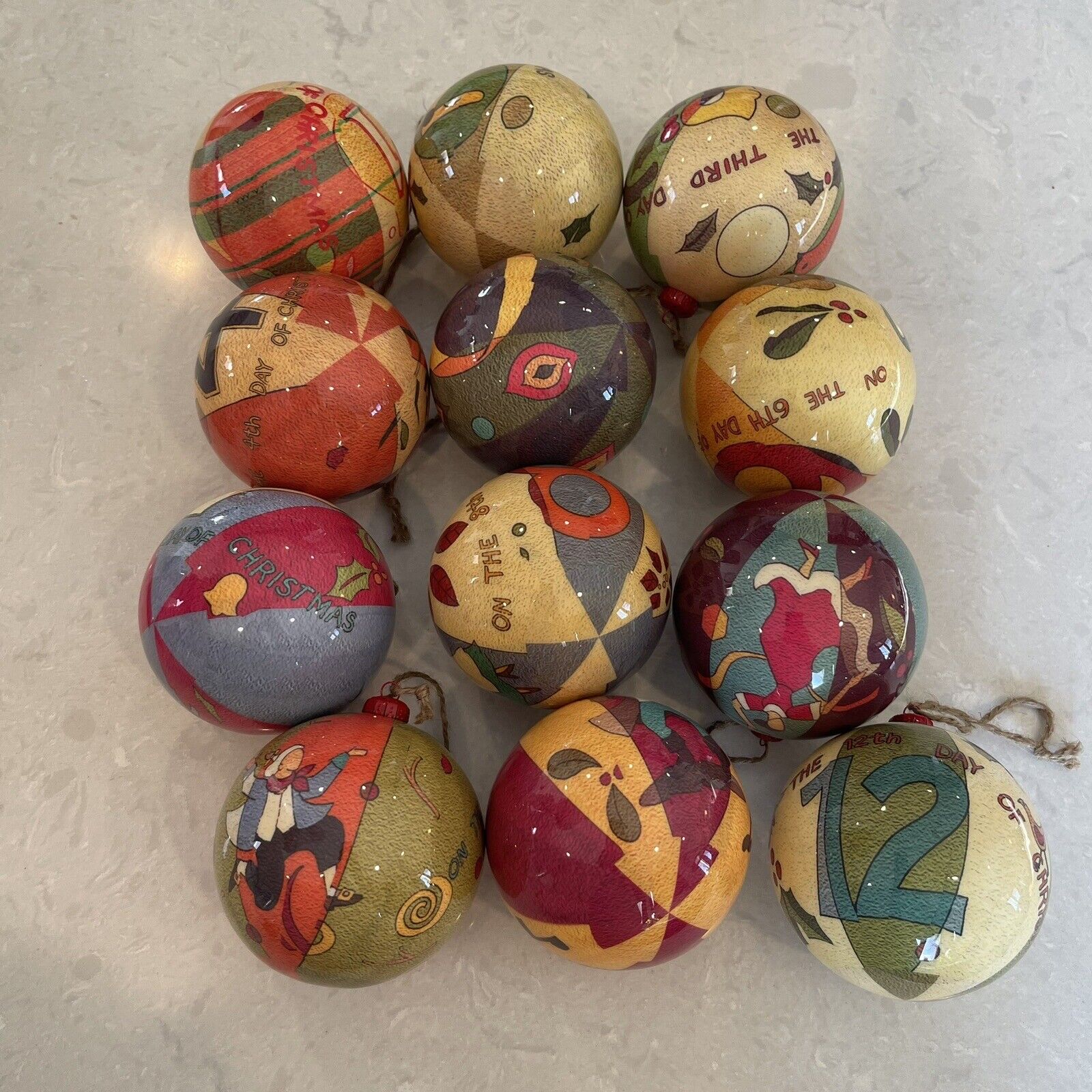  12 Days of Christmas Ornament Set Paper Mache Balls Folk Art Complete