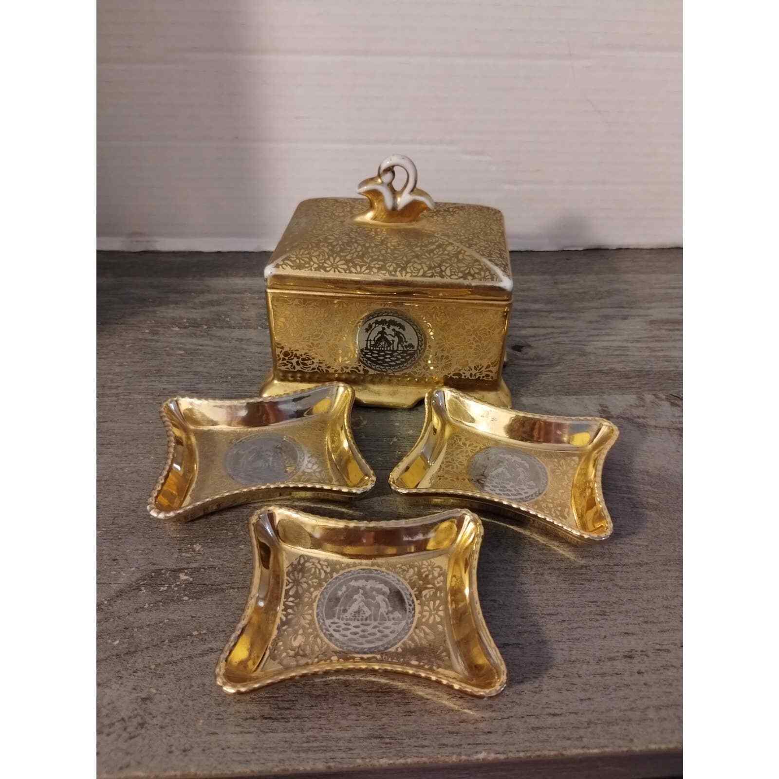 Antique Le Mieux 24 KT Gold & Platinum Hand Decorated Cigarette Box + 3 Ashtrays