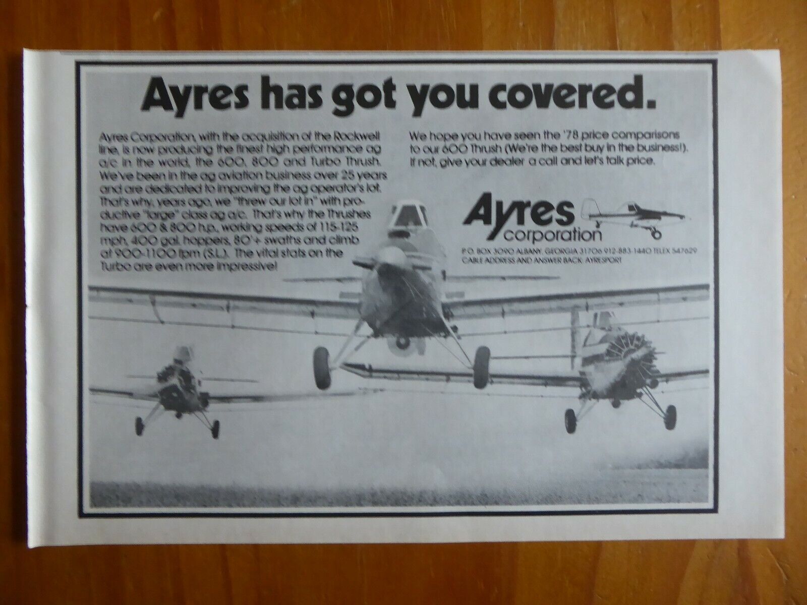 9/1978 PUB AGRICULTURAL AIRCRAFT AYRES AGRICULTURAL AIRCRAFT AG THRUSH ORIGINAL AD