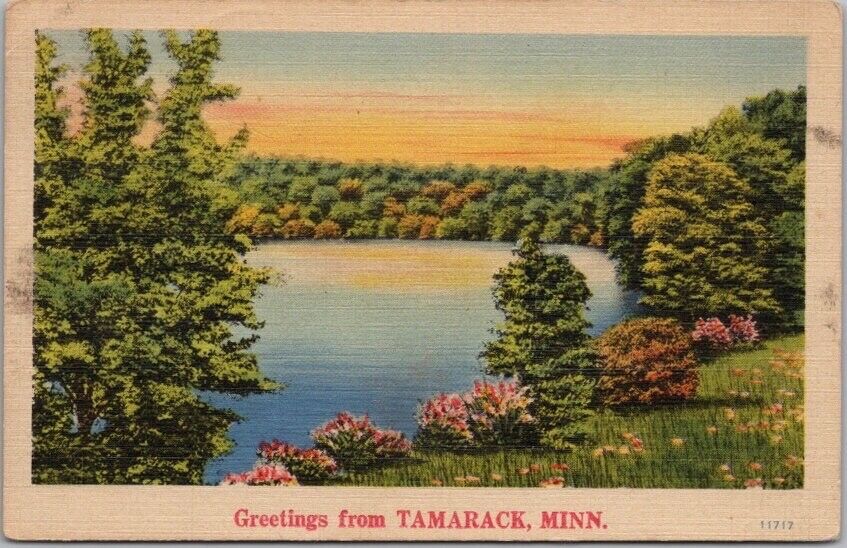 TAMARACK, Minnesota Greetings Postcard River Scene / NYCE Linen / 1944 Cancel