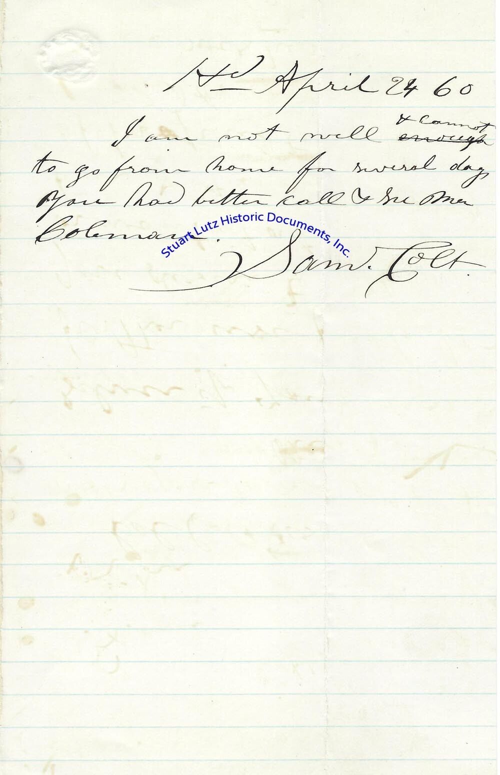 Samuel Colt handwritten & signed letter 1860 - revolver gun perfector
