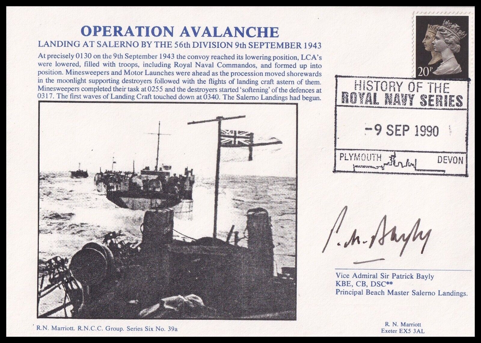Operation Avalanche Marriott Navy Cover Signed Beach Master SIR PATRICK BAYLY
