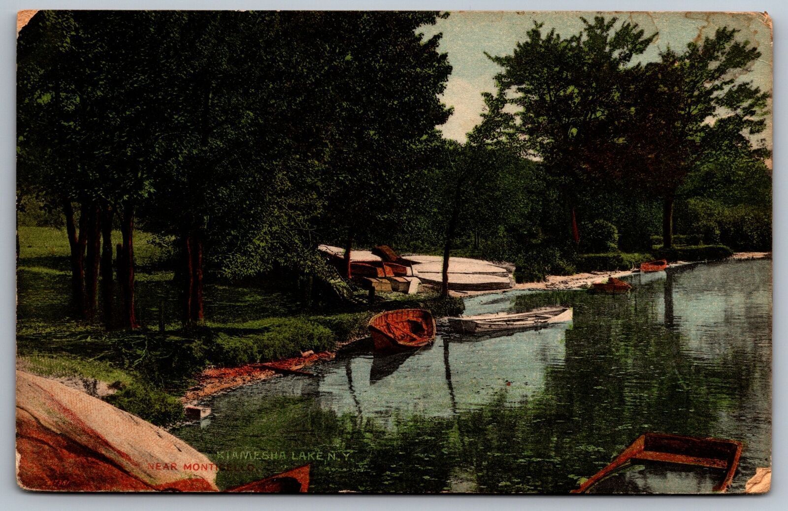Vintage Postcard 1916 Kiamesha Lake Lakeside Field Boats Monticello New York NY