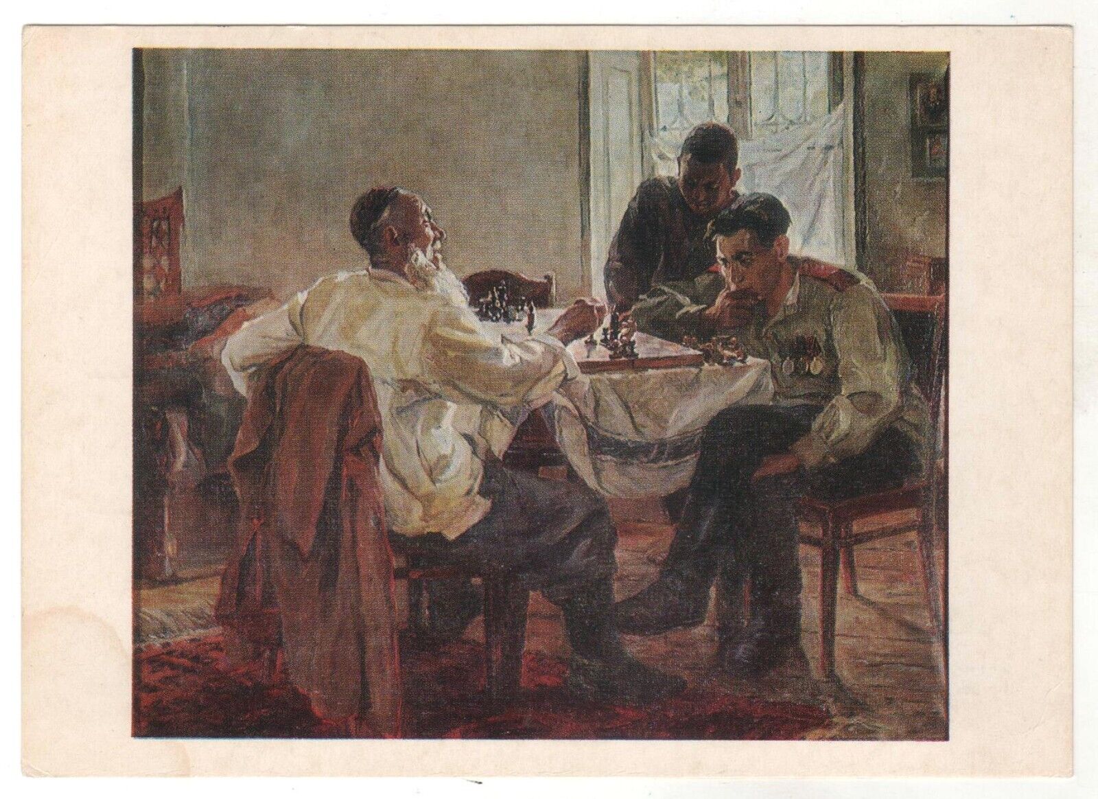 1977 At leisure. Playing chess Officer Soldier War WW2 ART OLD Russian Postcard