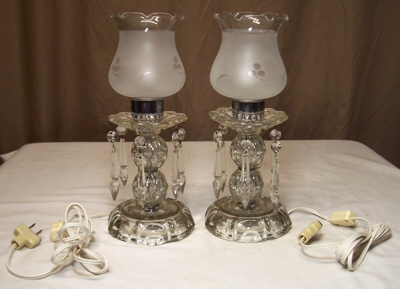 Antique Lamp Pair Prism Glass Vtg Light Fixture MCM Slip Shade Rewired USA #A11