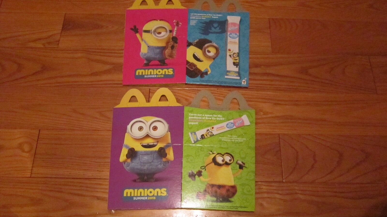 2 STYLES McDonald\'s \'15 DESPICABLE ME MINIONS Happy Meal BOXES,ACQUIRED FLAT,NEW