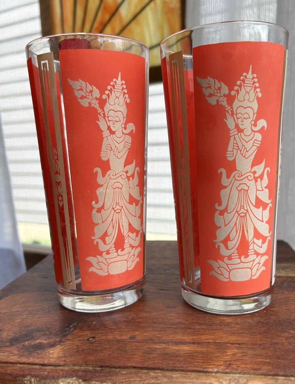 Pair Of MCM Culver Glassware Red And Gold Highball Glasses Thai Goddess 6.5” 