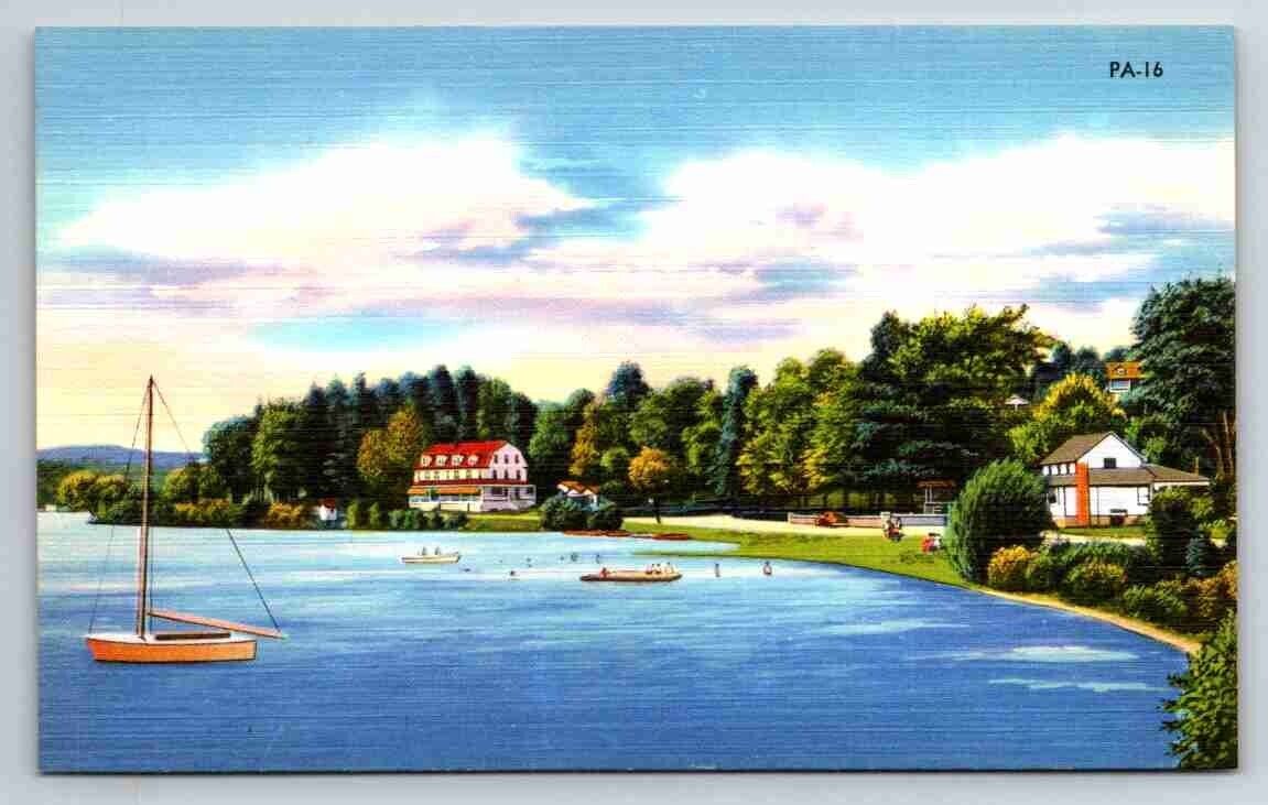 Somewhere USA Lake Sailboat Shoreline Beautiful Card PA? UNP Linen Postcard