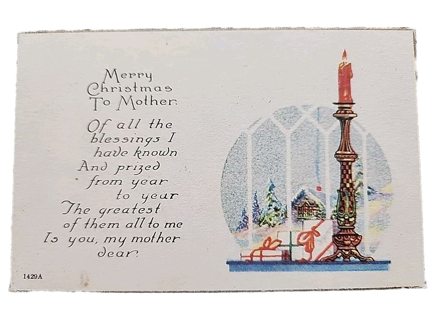 Vintage Postcard Christmas Greetings Poem, Winter House Scene, Candle And Holly