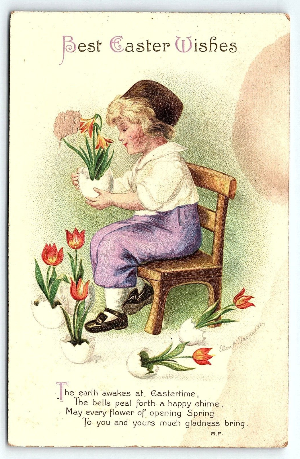c1920 BEST EASTER WISHES ELLEN H CLAPSADDLE GIRL WITH TULIPS POSTCARD P2497