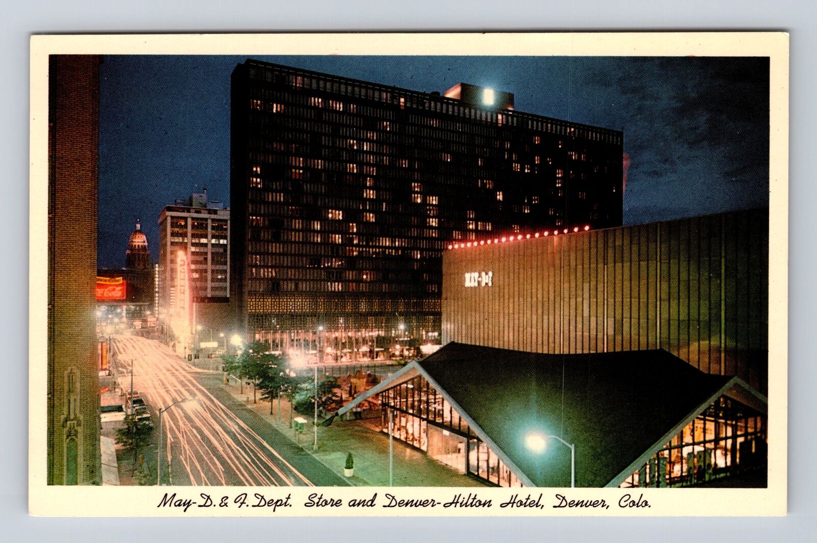 Denver CO-Colorado, Night View D & F Store, Denver Hilton Hotel Vintage Postcard
